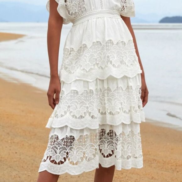 Farm Rio Off-White Richelieu Tiered/Layerd Midi Dress - Picture 3 of 7